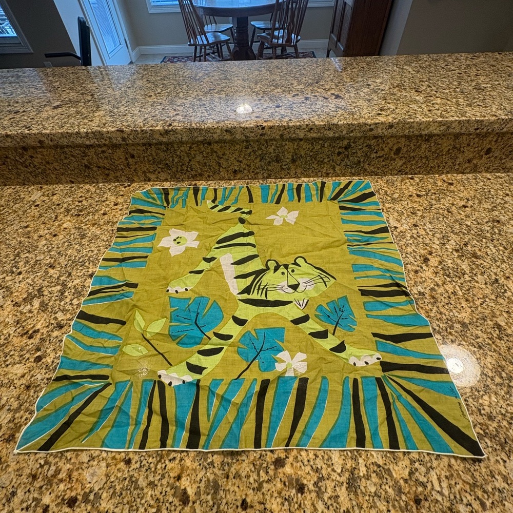 Jeanne Miller 1950s Collectable Novelty Mid Tiger Art Handkerchief Hankie